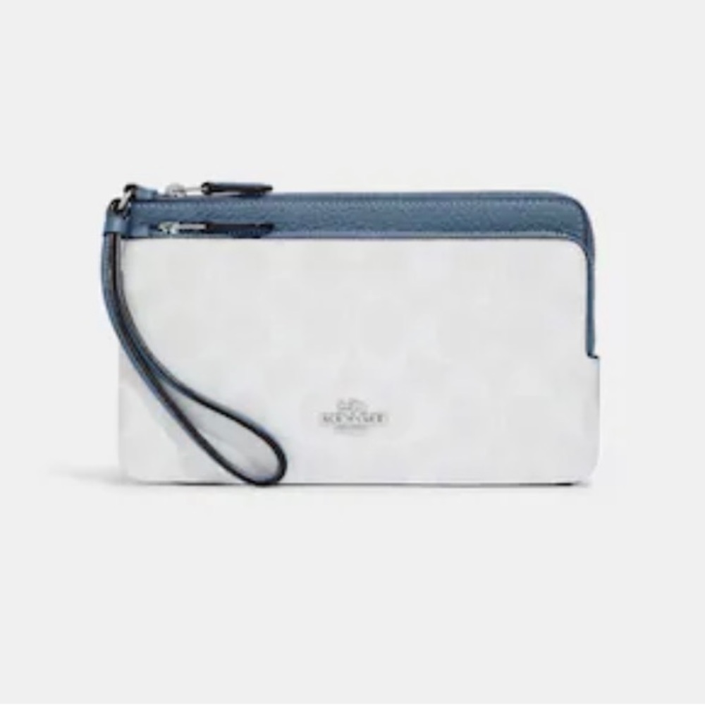 Coach Double Zip Wallet in Blocked Signature Canvas    Silver/Chalk/Indigo